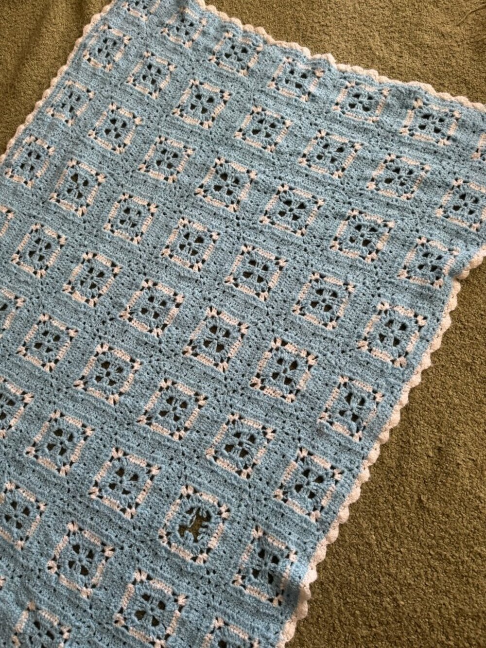Vintage Handmade Granny Square Blue Crochet Baby Blanket with Scalloped Edges